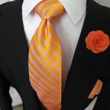 Orange Plaid Striped Silk Tie Pocket Square Cufflink Set