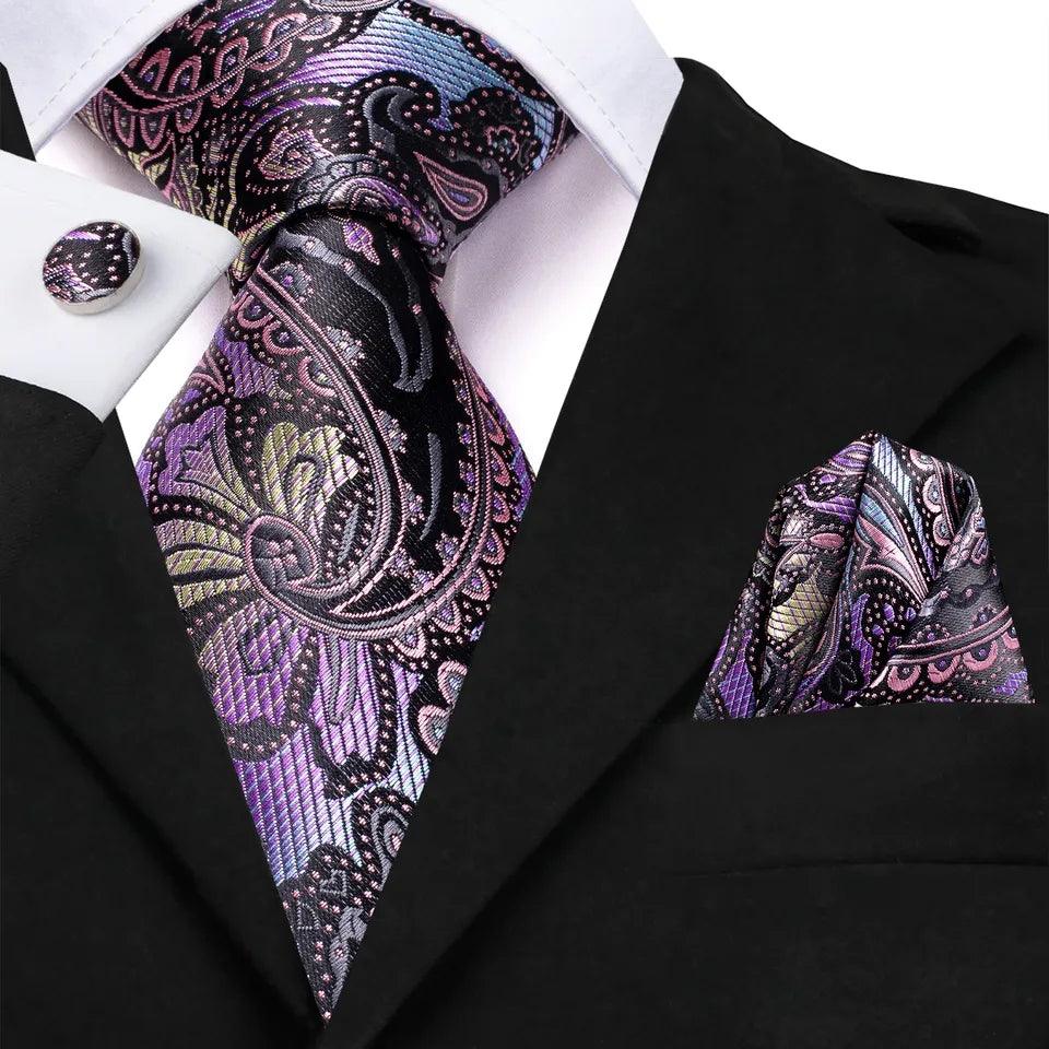 Paisley Purple Colorful Silk Tie Pocket Square Cufflink Set - STYLETIE