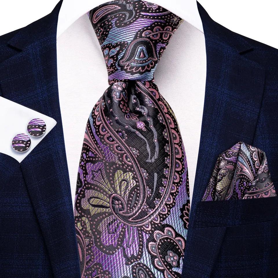 Paisley Purple Colorful Silk Tie Pocket Square Cufflink Set - STYLETIE
