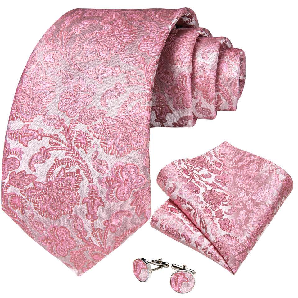 Pink Floral Pattern Silk Tie Pocket Square Cufflink Set - STYLETIE