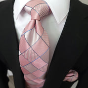 Pink Plaid Silk Tie Pocket Square Cufflink Set - STYLETIE