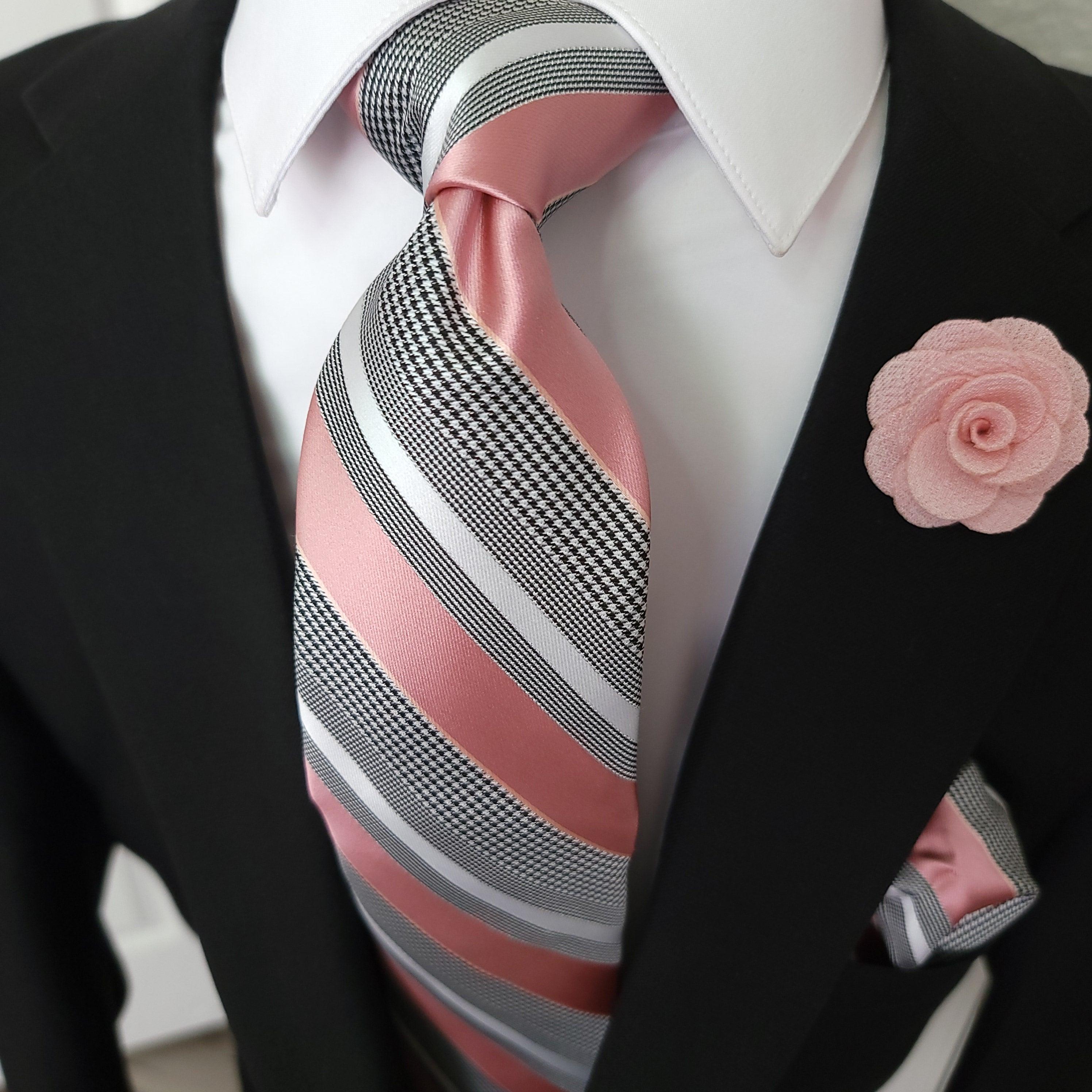 Pink Striped Silk Tie Pocket Square Cufflink Set - STYLETIE