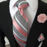 Pink Striped Silk Tie Pocket Square Cufflink Set