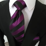 Purple Black Stripe Silk Tie Pocket Square Cufflink Set