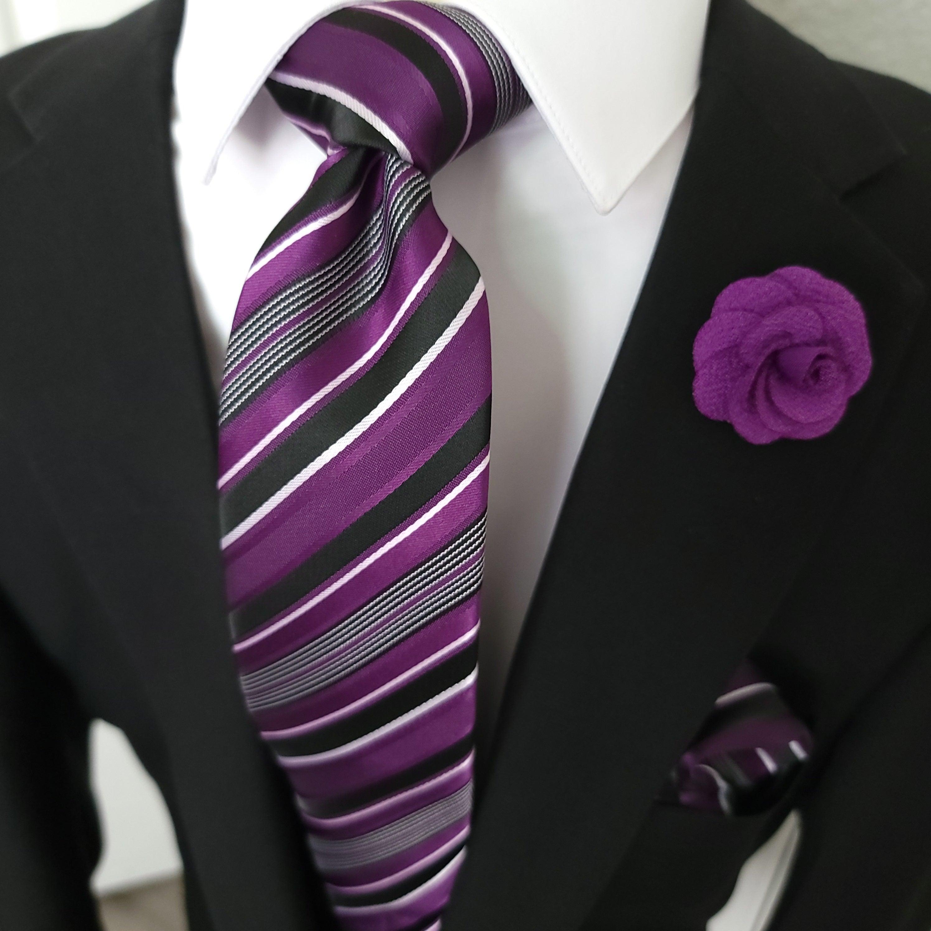 Purple Black Striped Silk Tie Pocket Square Cufflink Set - STYLETIE