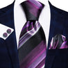 Purple Black White Striped Silk Tie Pocket Square Cufflink Set - STYLETIE