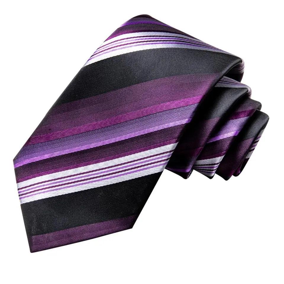 Purple Black White Striped Silk Tie Pocket Square Cufflink Set - STYLETIE