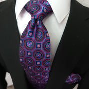 Purple Blue Geometric Silk Tie Pocket Square Cufflink Set - STYLETIE