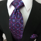 Purple Blue Geometric Silk Tie Pocket Square Cufflink Set