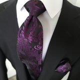 Purple Floral Paisley Silk Tie Pocket Square Cufflink Set