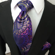 Purple Pink Yellow Floral Silk Tie Pocket Square Cufflink Set - STYLETIE