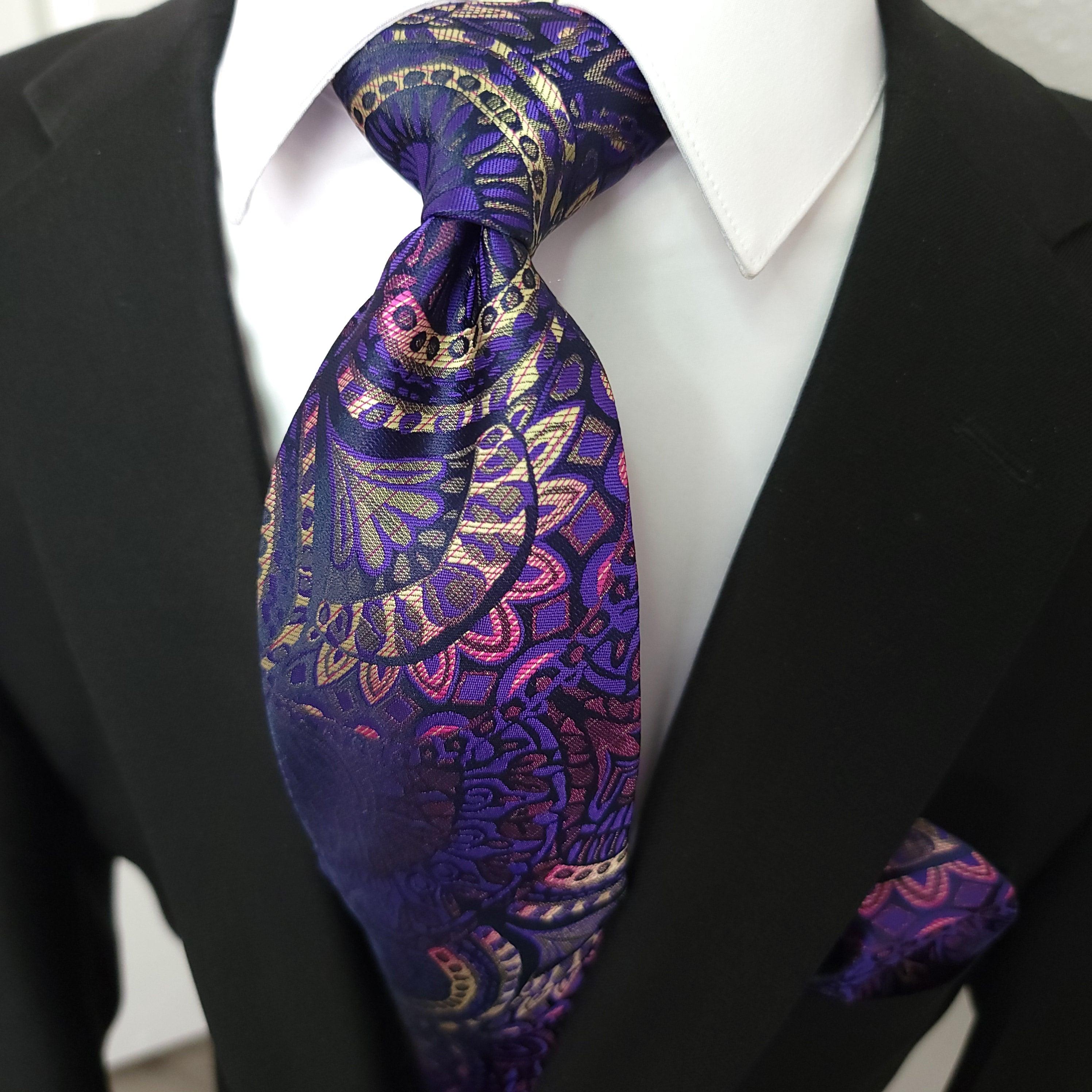 Purple Pink Yellow Floral Silk Tie Pocket Square Cufflink Set - STYLETIE