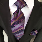 Purple Stripe Floral Silk Tie Pocket Square Cufflink Set - STYLETIE