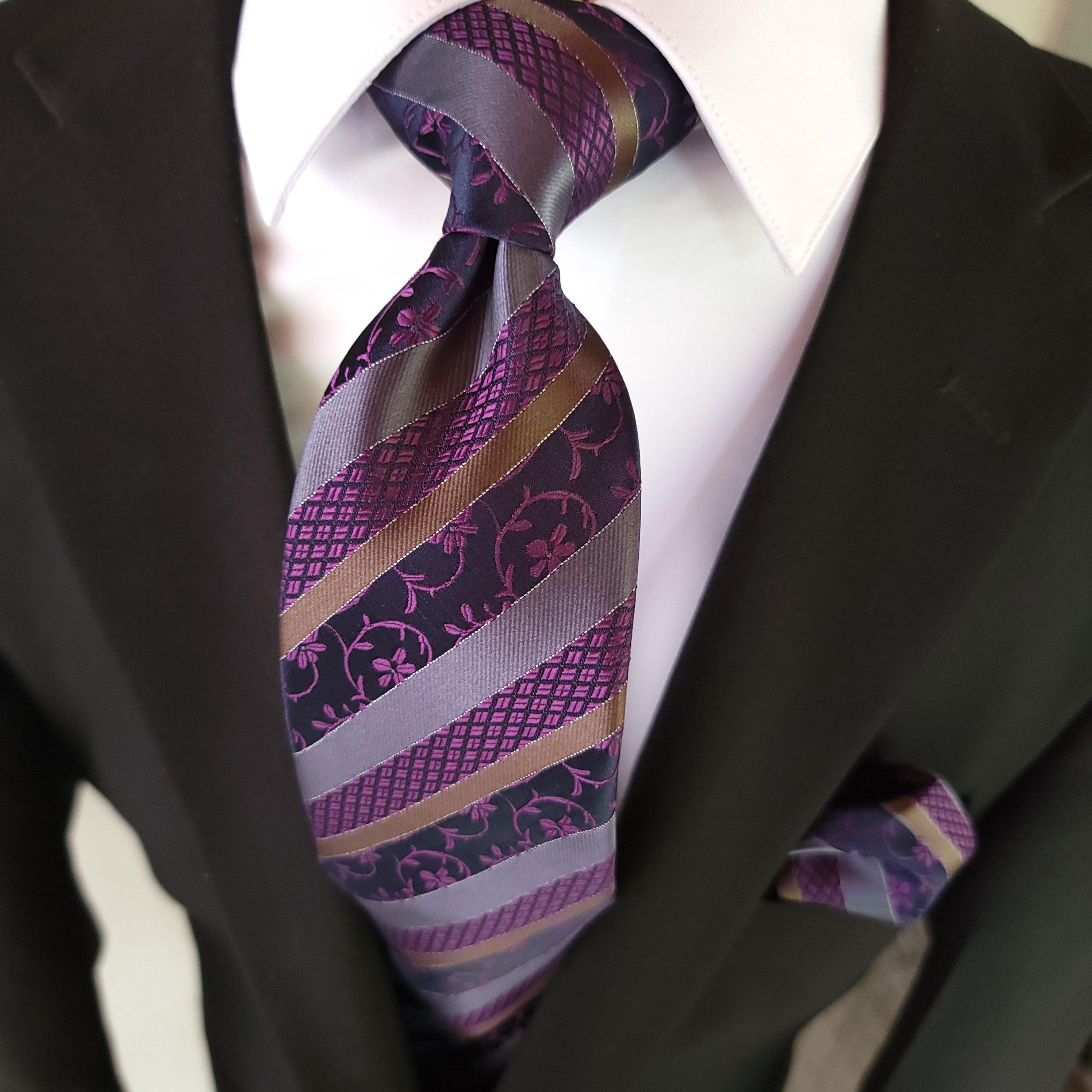 Purple Stripe Floral Silk Tie Pocket Square Cufflink Set - STYLETIE