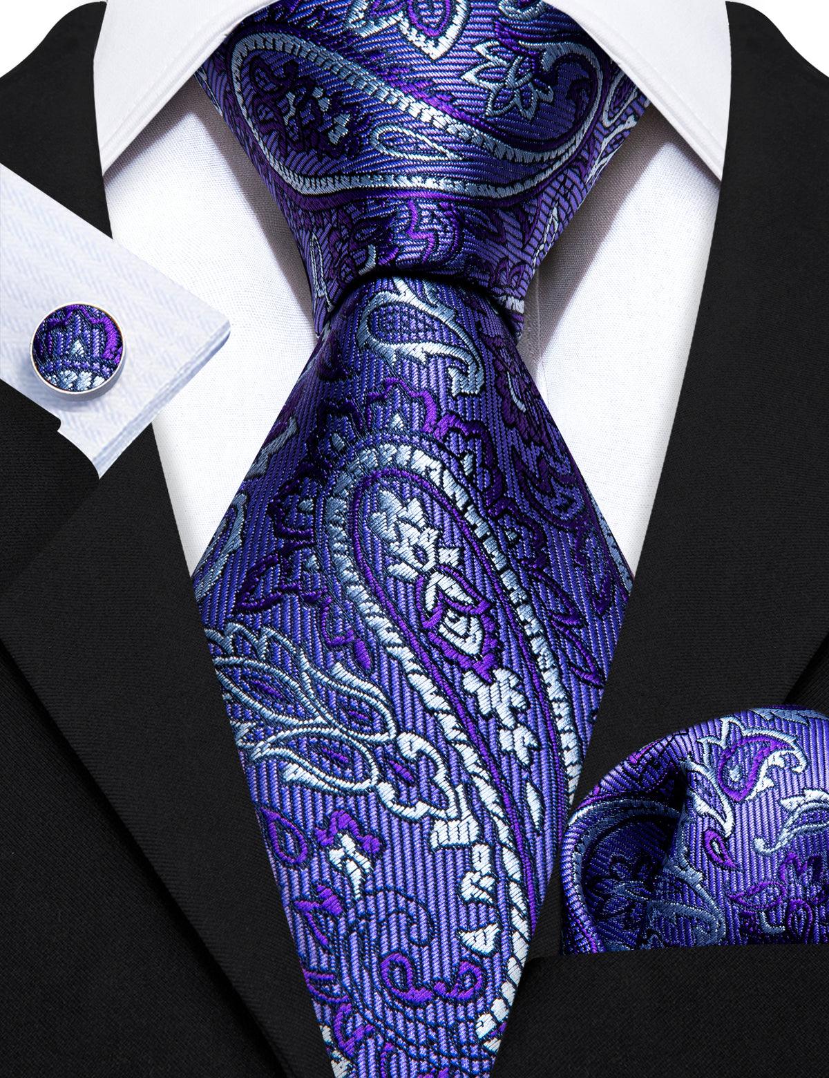 Purple White Paisley Silk Tie Pocket Square Cufflink Set - STYLETIE