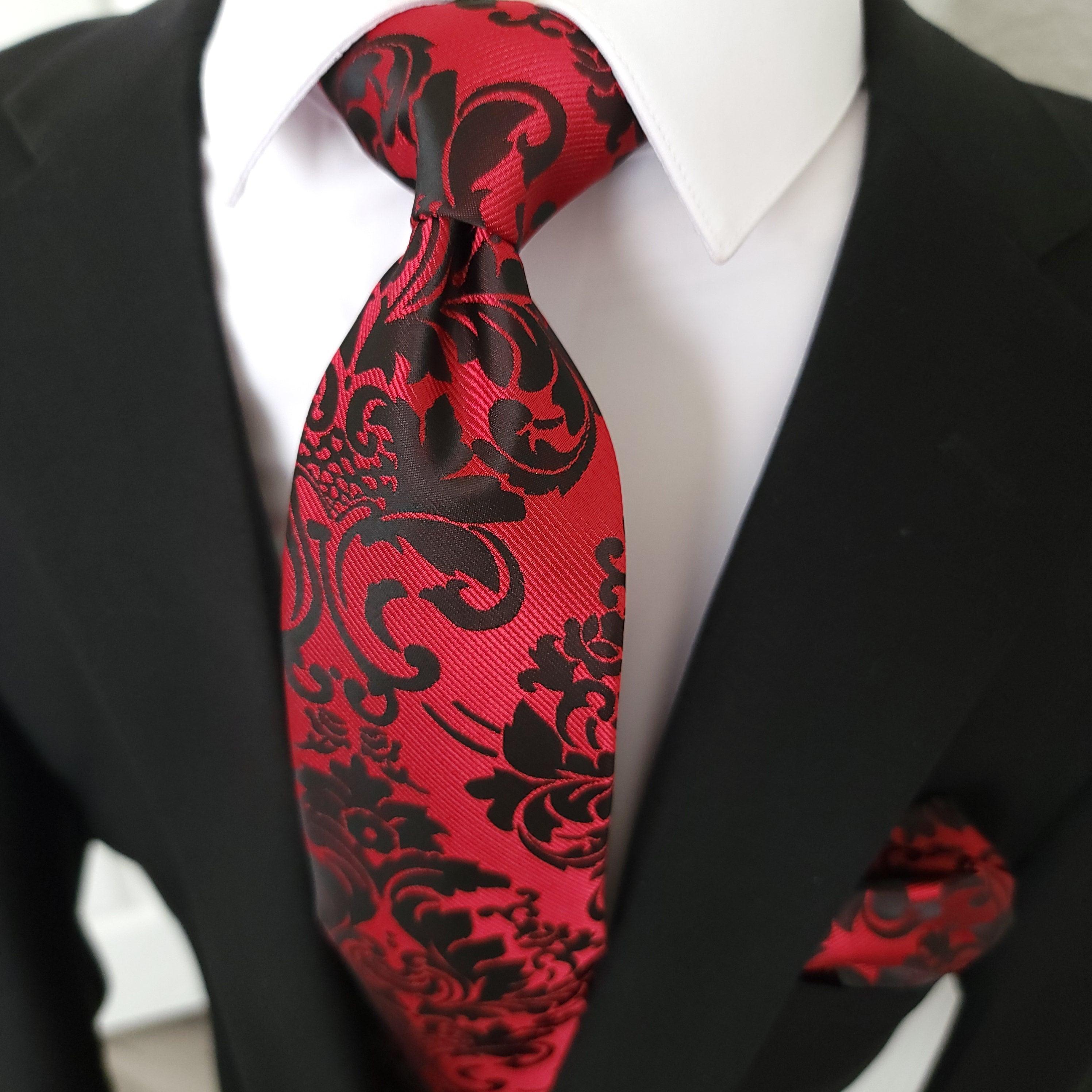 Red Black Floral Silk Tie Pocket Square Cufflink Set - STYLETIE