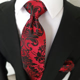 Red Black Floral Silk Tie Pocket Square Set