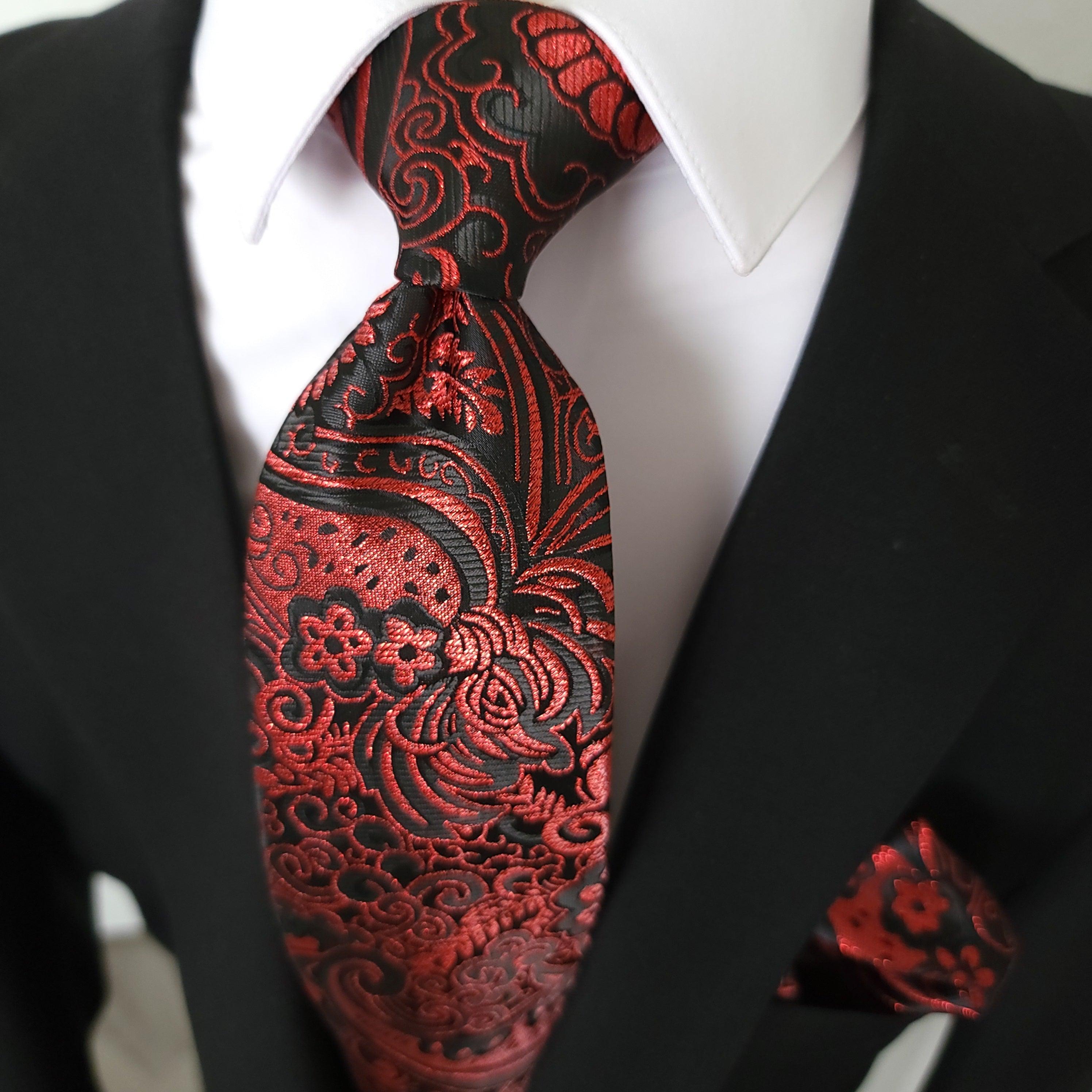 Red Black Floral Silk Tie Pocket Square Cufflink Set - STYLETIE