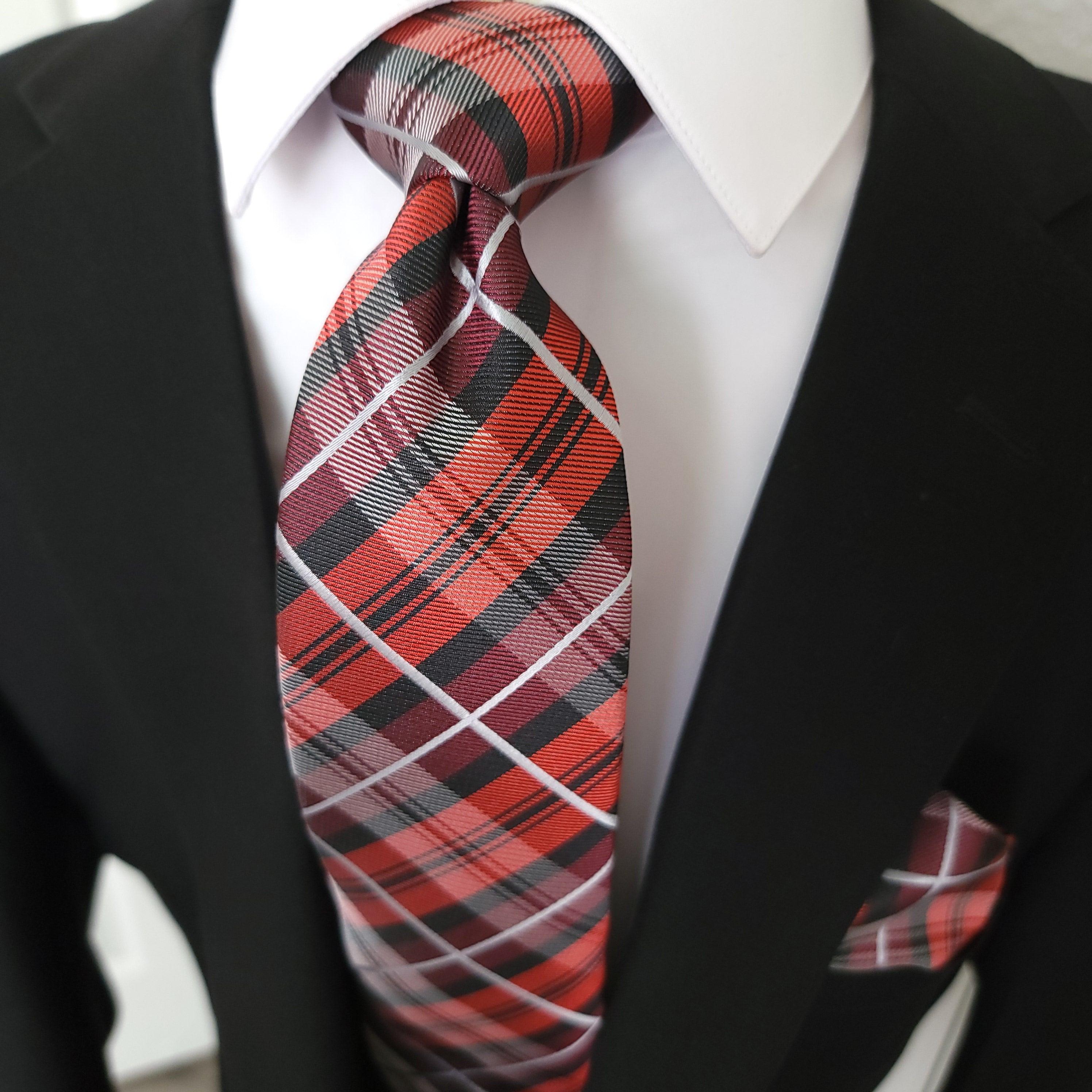Red Black Plaid Silk Tie Pocket Square Cufflink Set - STYLETIE