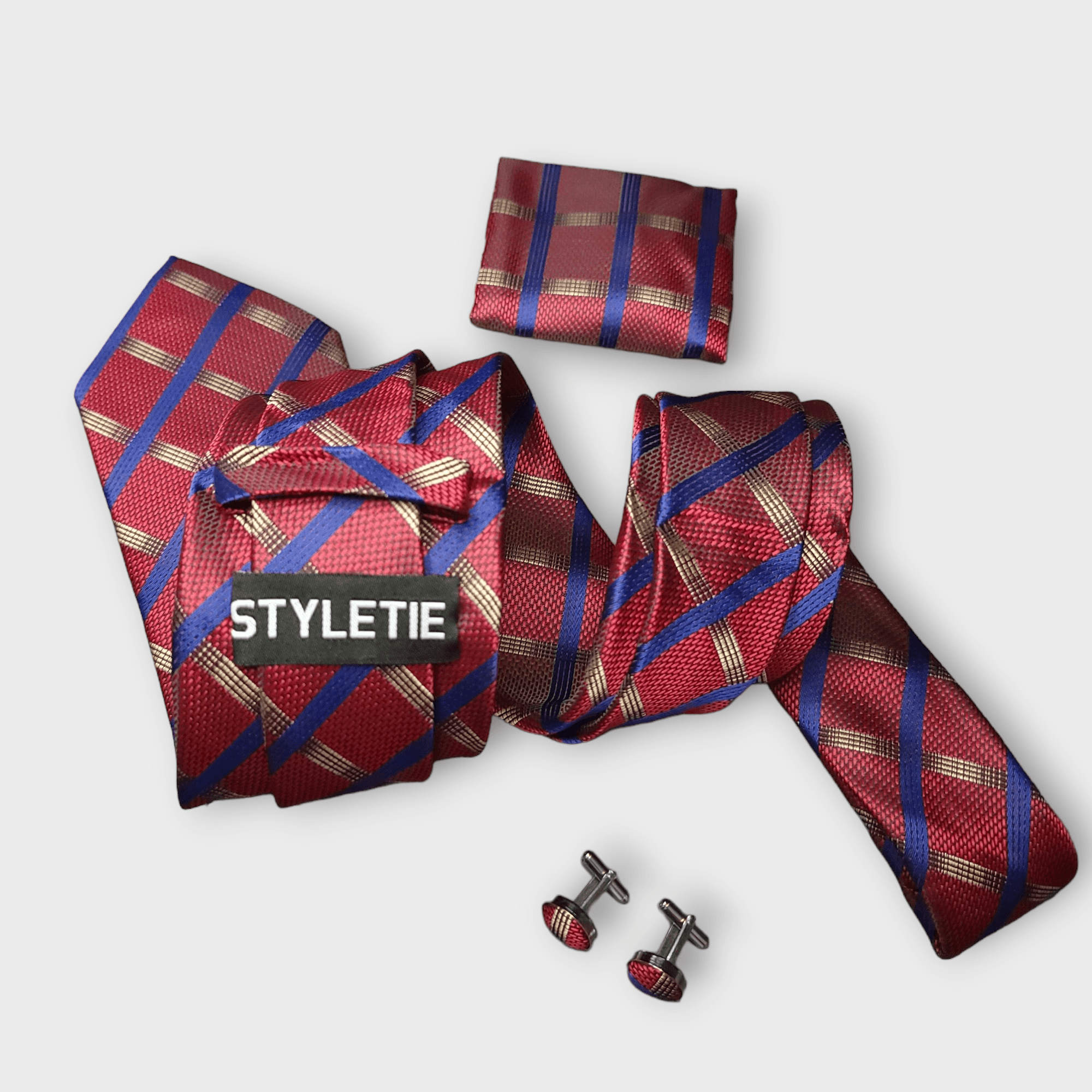 Red Blue Plaid Silk Tie Pocket Square Cufflink Set - STYLETIE