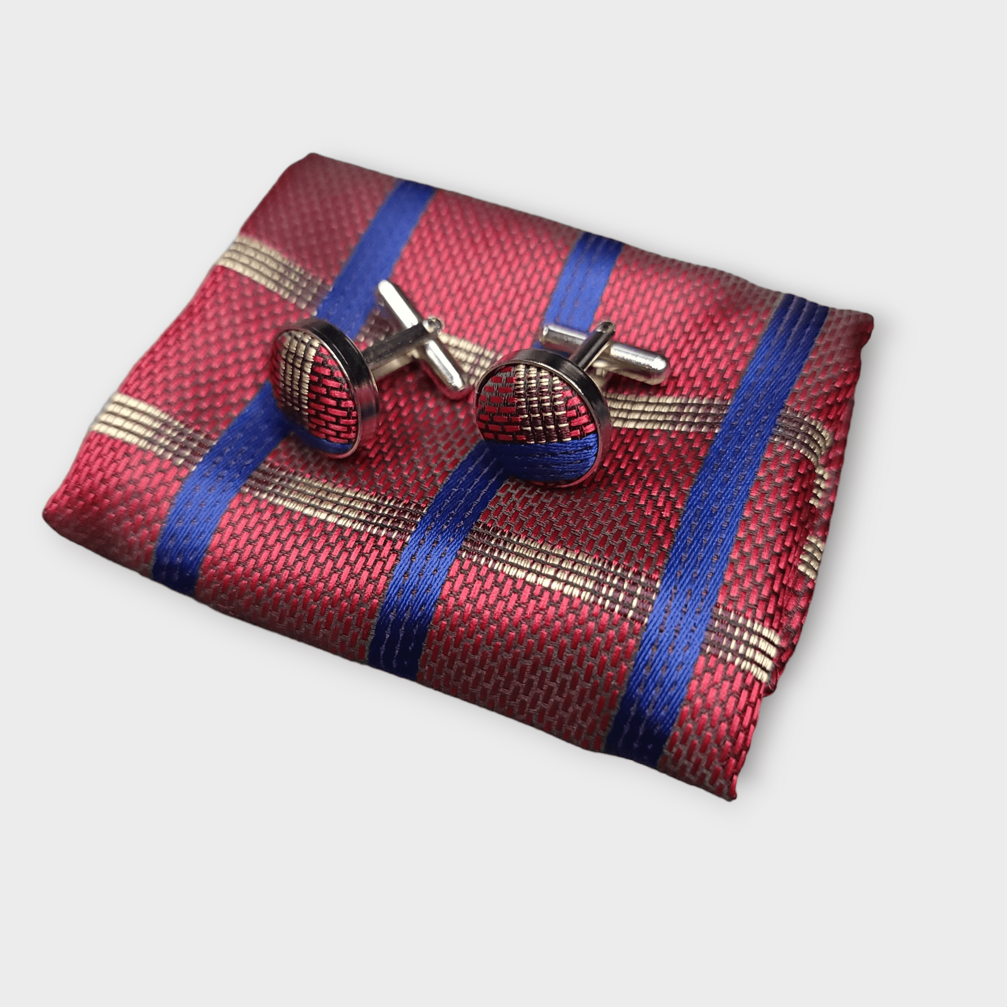 Red Blue Plaid Silk Tie Pocket Square Cufflink Set - STYLETIE