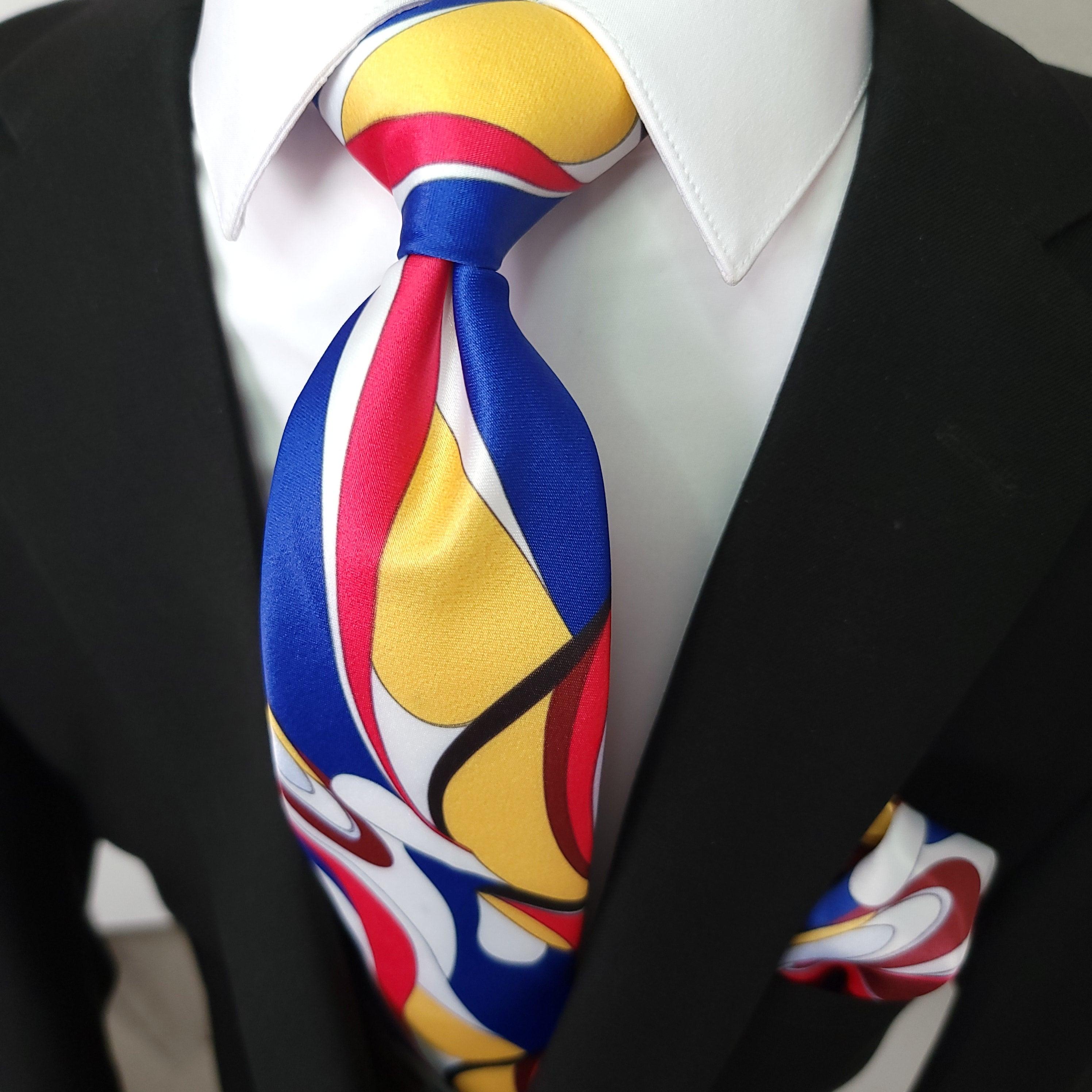 Red yellow Blue Novelty Silk Tie Pocket Square Cufflink Set - STYLETIE