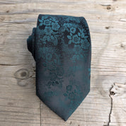 Black Forest Green Floral Silk Tie Pocket Square Cufflink Set