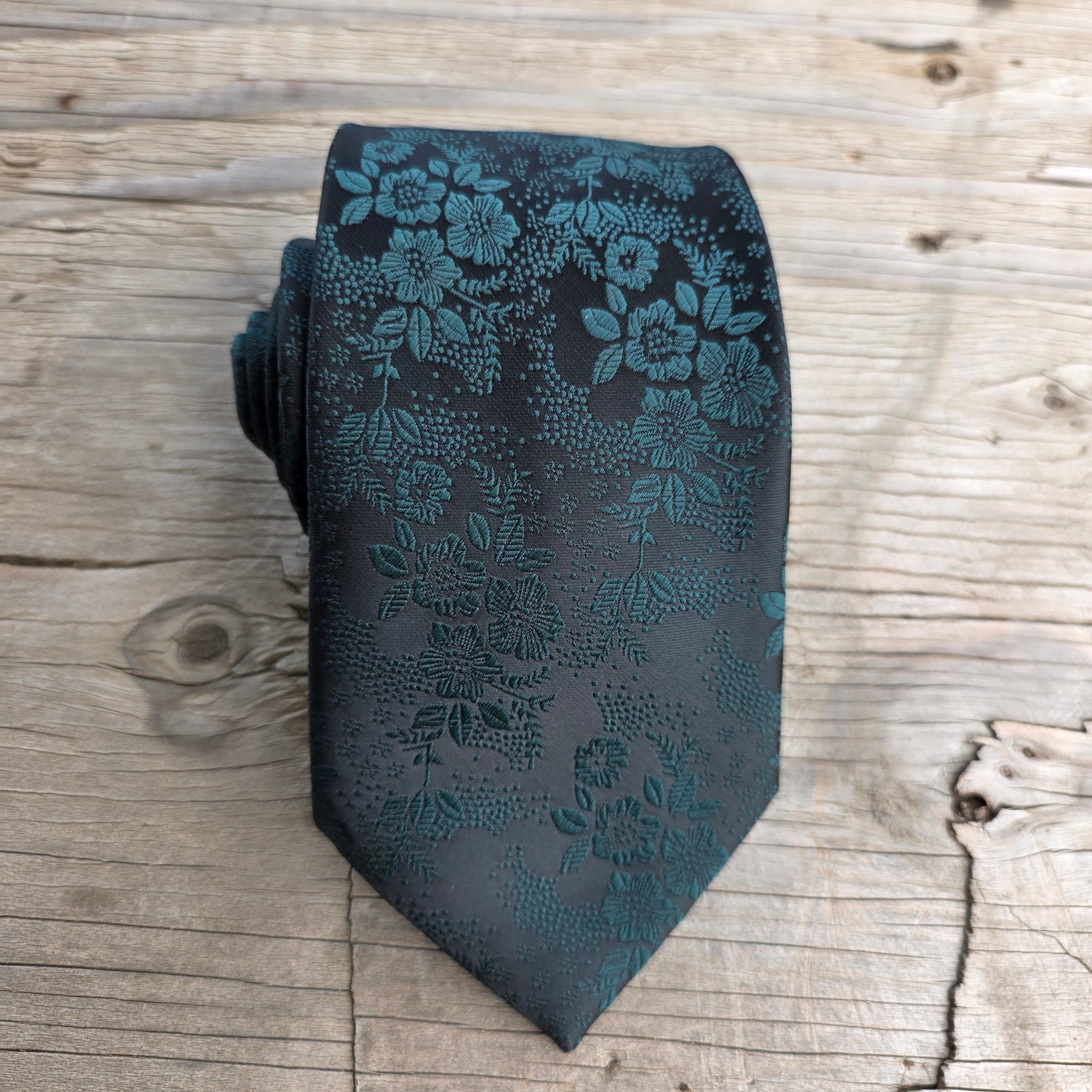 Black Forest Green Floral Silk Tie Pocket Square Cufflink Set