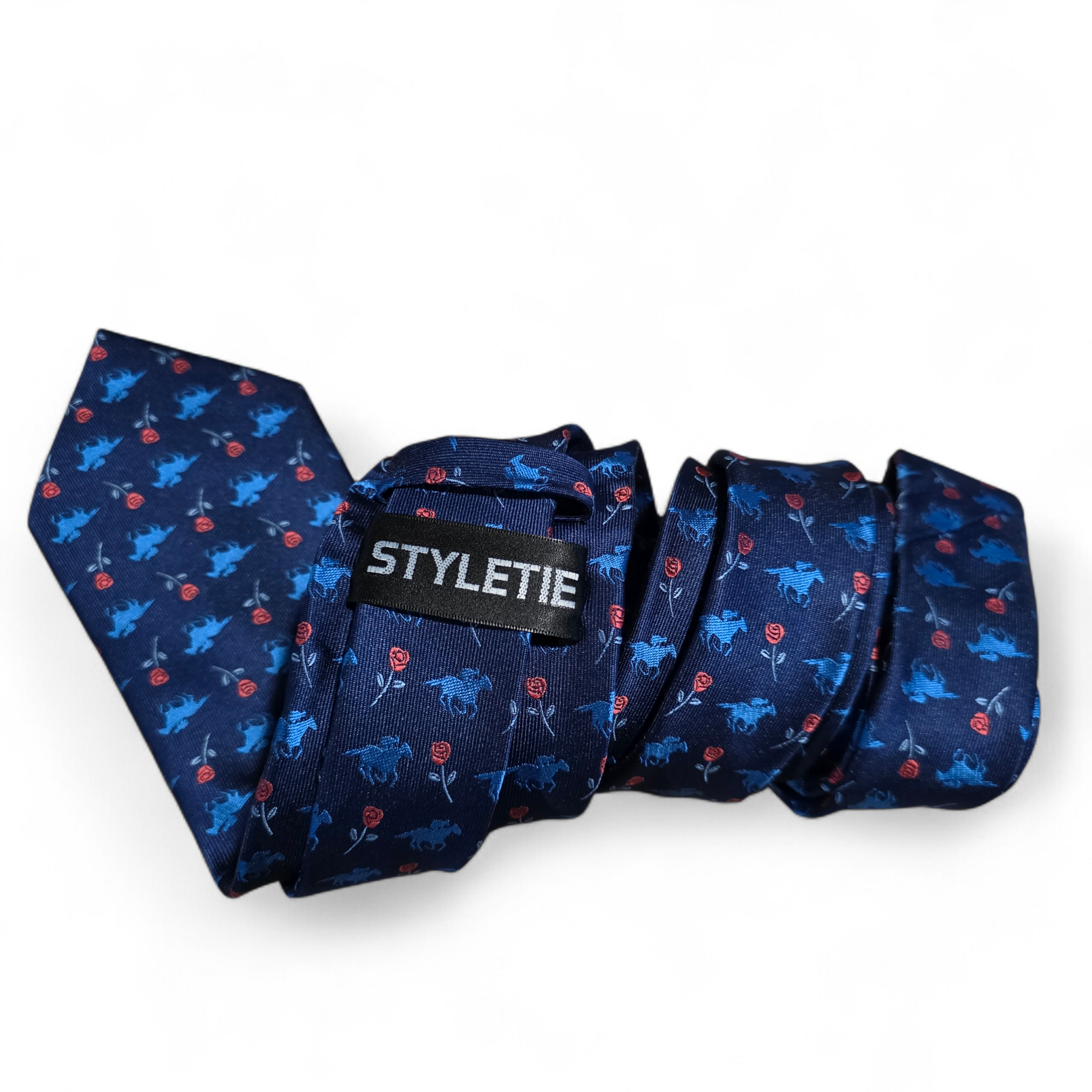 Navy Blue Horse Floral Silk Tie Pocket Square Cufflink Set