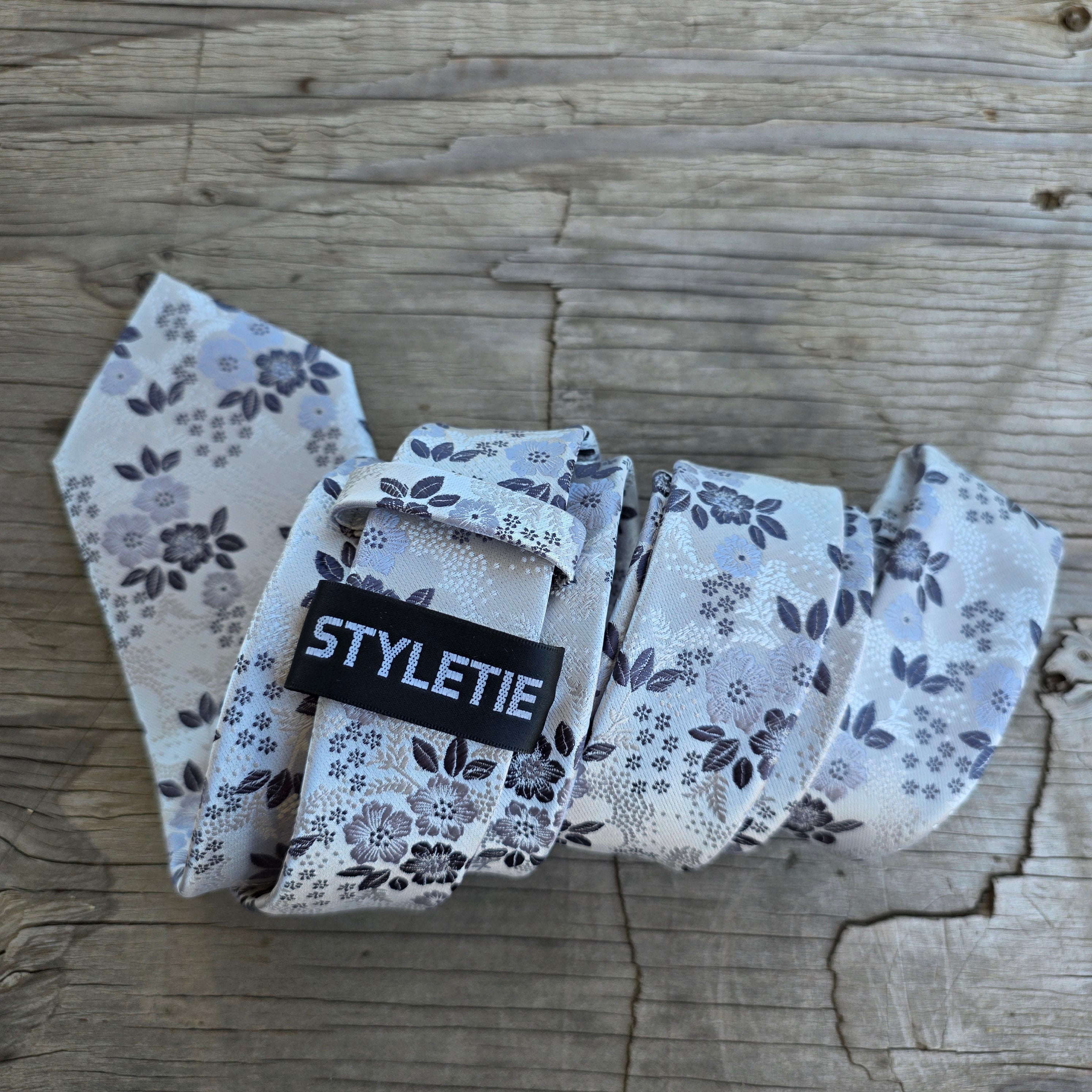 White Gray Flower Silk Tie Pocket Square Cufflink Set