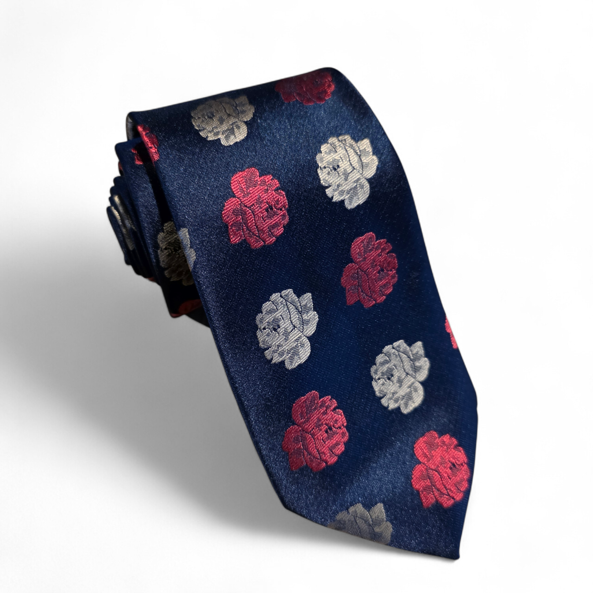 Navy Blue Red Floral Silk Tie Pocket Square Cufflink Set