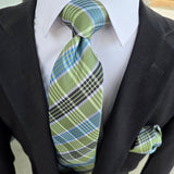 Sage Green Blue Black Plaid Silk Tie Pocket Square Cufflink Set