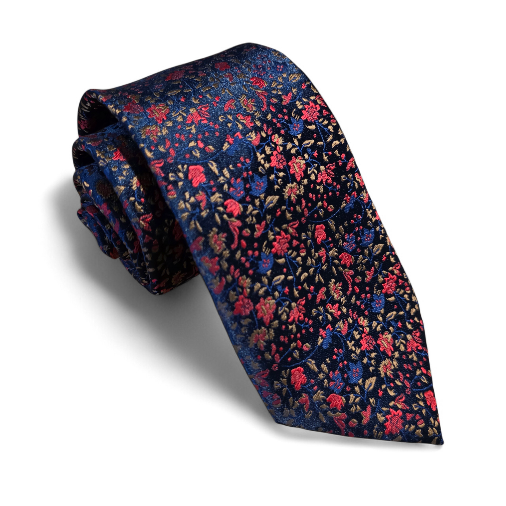 Navy Blue Red Floral Silk Tie Pocket Square Cufflink Set