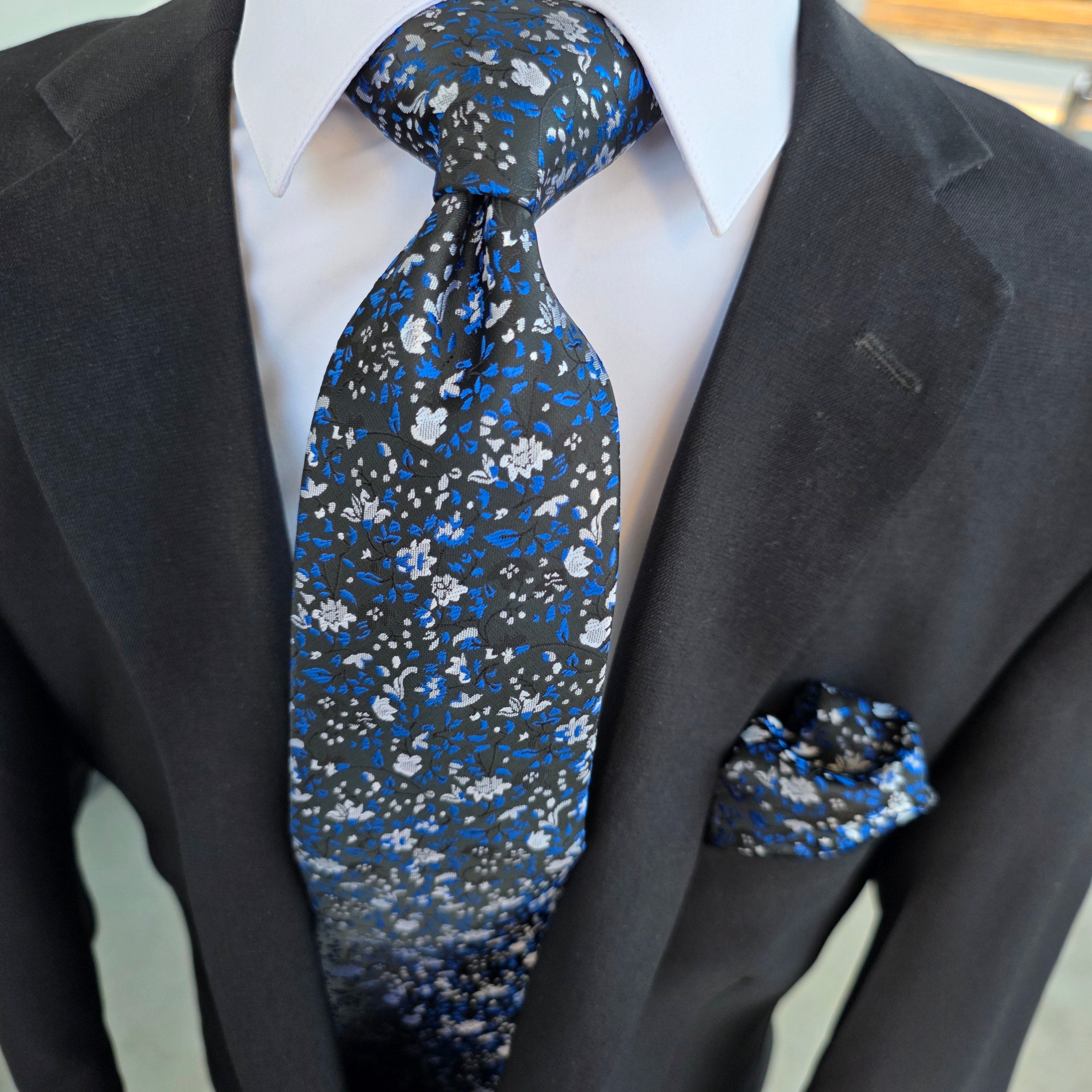 Blue Floral Silk Tie Pocket Square Cufflinks Set
