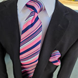 Pink Blue Stripe Silk Tie Pocket Square Cufflink Set