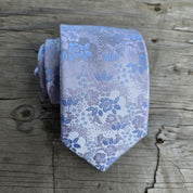 White Powder Blue Flower Silk Tie Pocket Square Cufflink Set