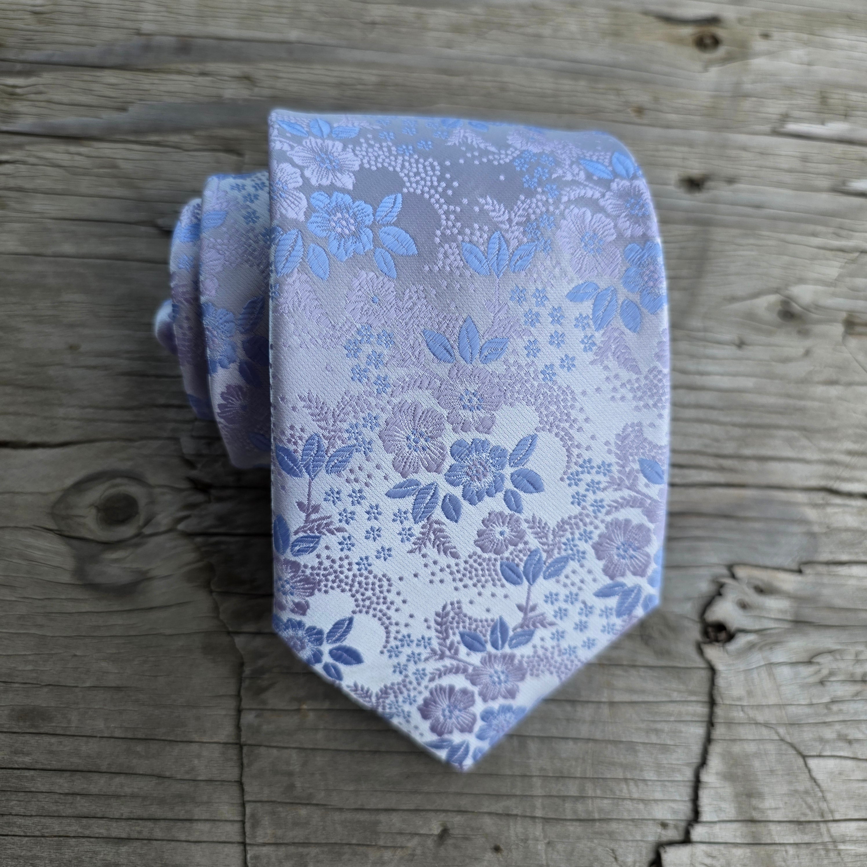 White Powder Blue Flower Silk Tie Pocket Square Cufflink Set