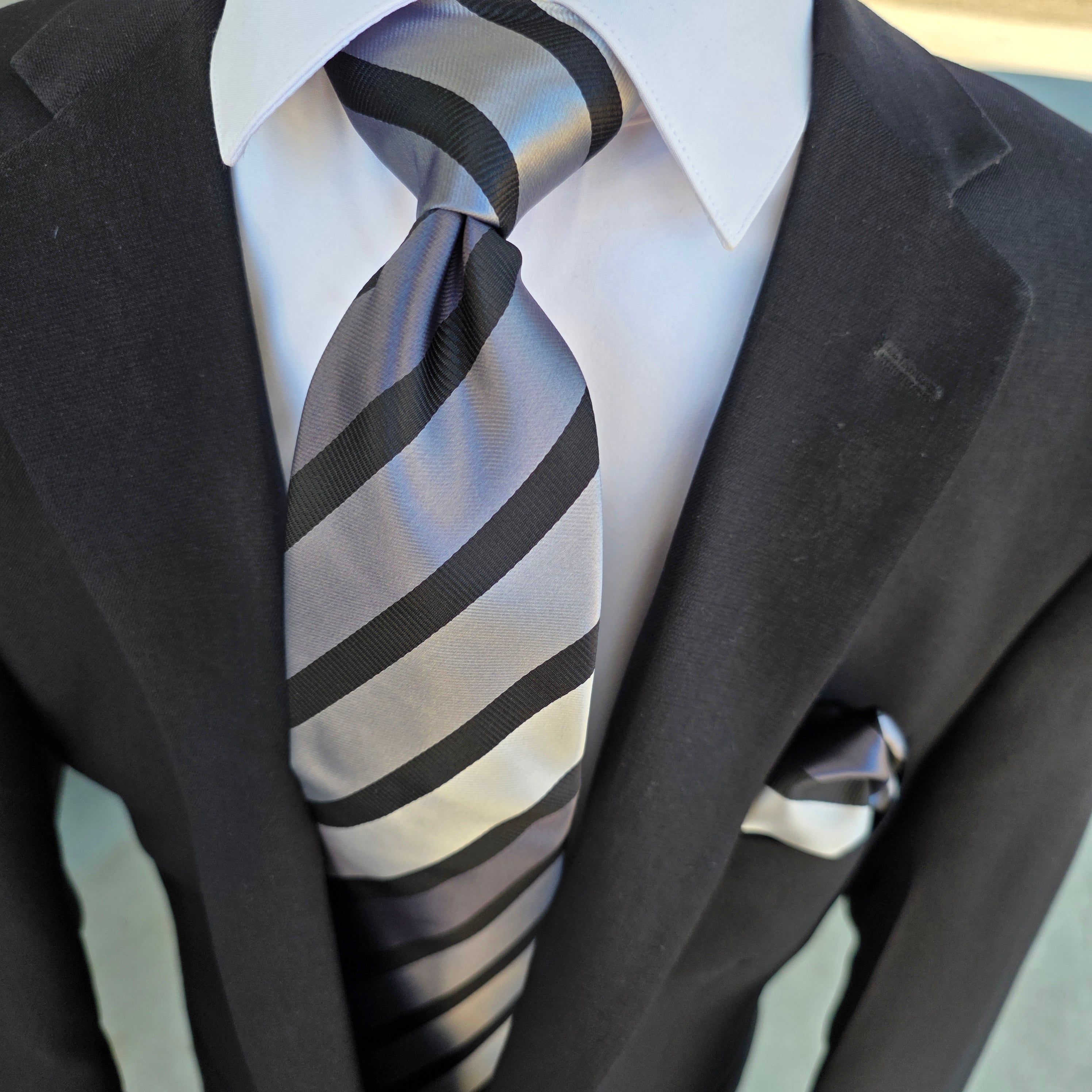 Black Silver Gray Stripe Silk Tie Pocket Square Cufflink Set