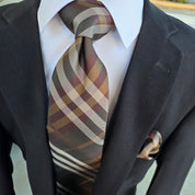 Brown Plaid Silk Tie Pocket Square Cufflink Set