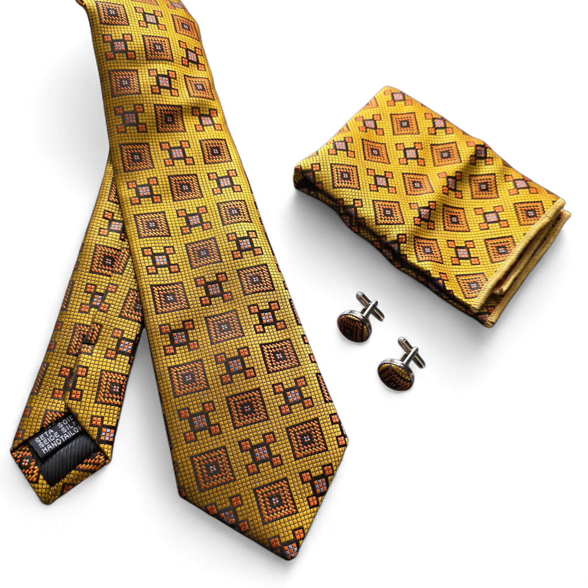 Old Gold Geometric Silk Tie Pocket Square Cufflink Set