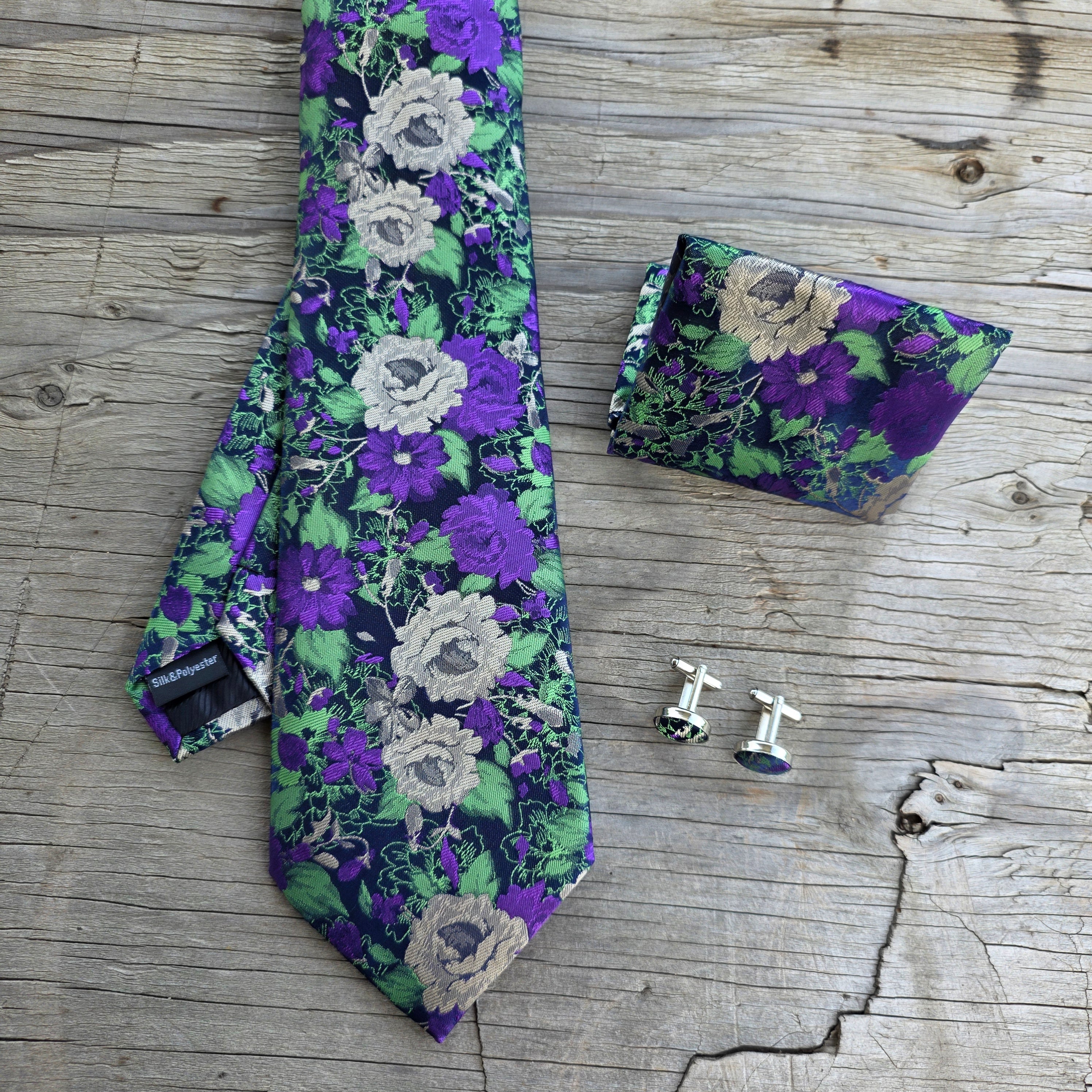 Green Purple Flower Silk Tie Pocket Square Cufflink Set