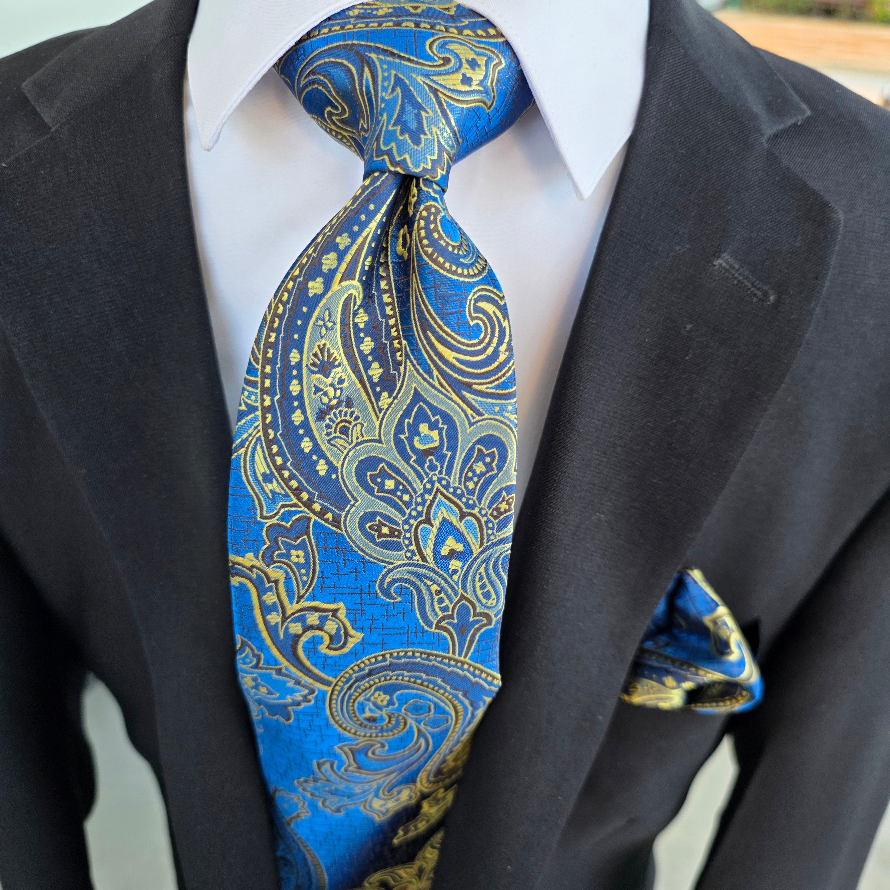 Blue Gold Paisley Silk Tie Pocket Square Cufflink Set