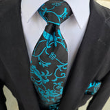 Black Blue Floral Silk Tie Pocket Square Cufflink Set