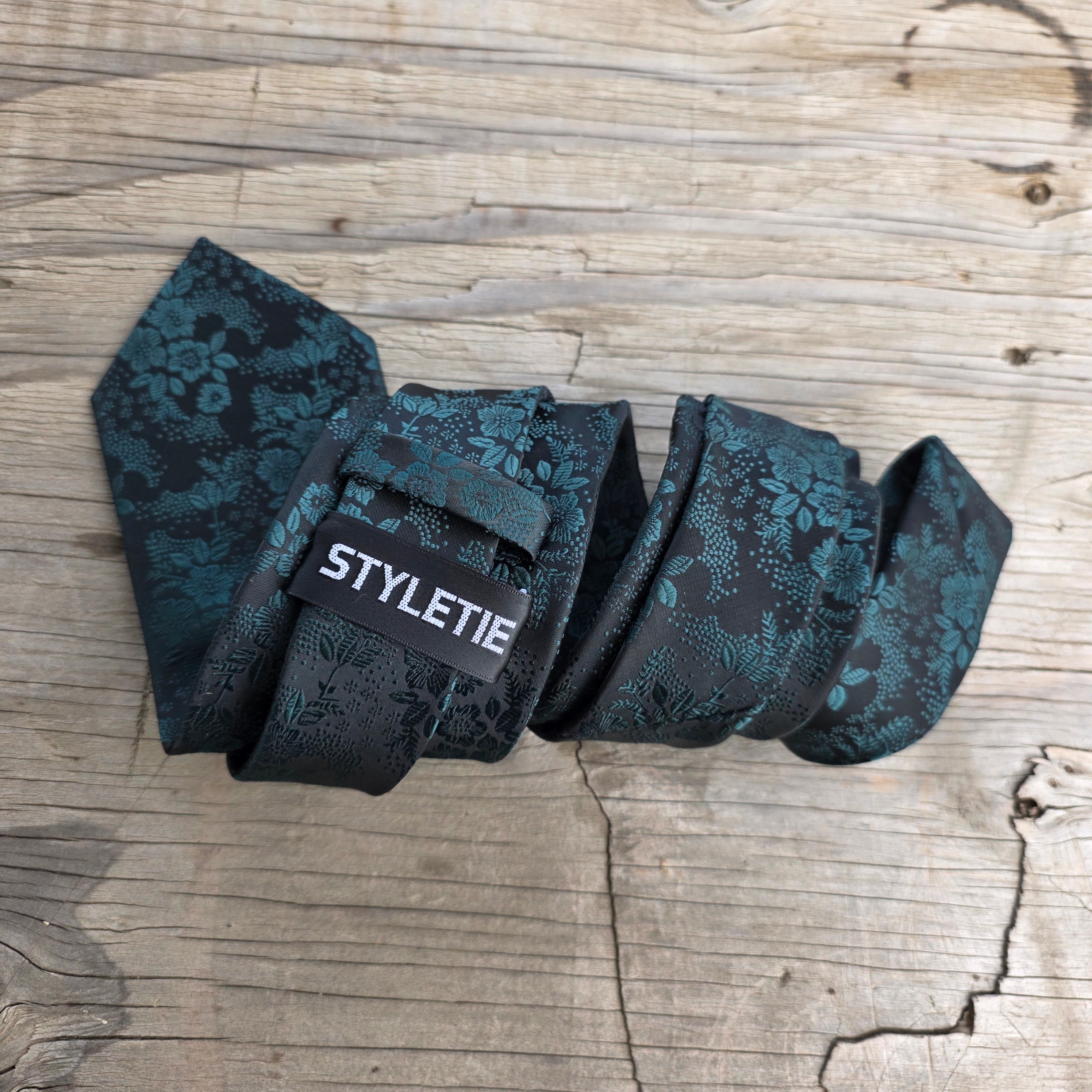 Black Forest Green Floral Silk Tie Pocket Square Cufflink Set