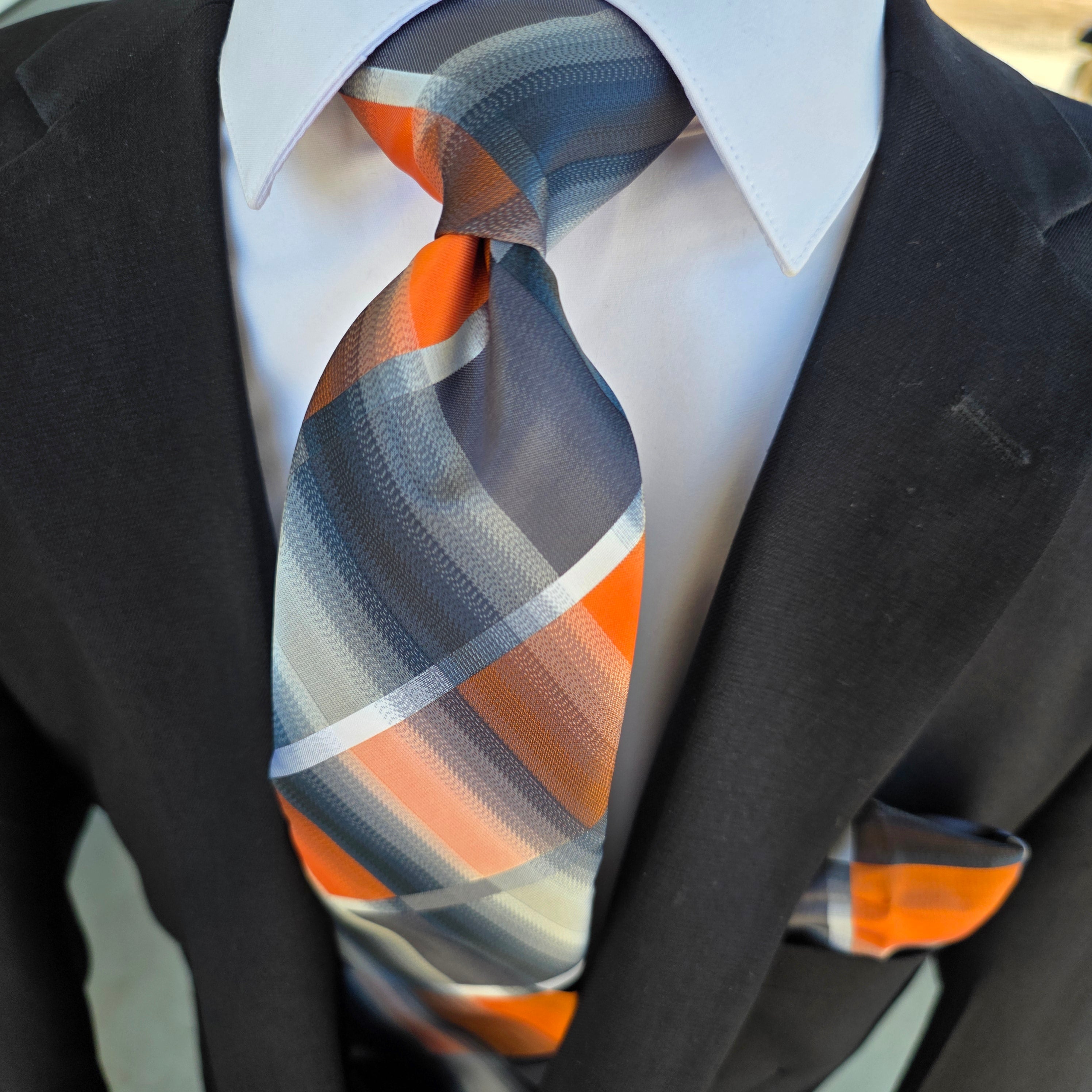 Gray Orange Plaid Silk Tie Pocket Square Cufflink Set