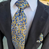 Antique Gold Blue Floral Silk Tie Pocket Square Cufflink Set