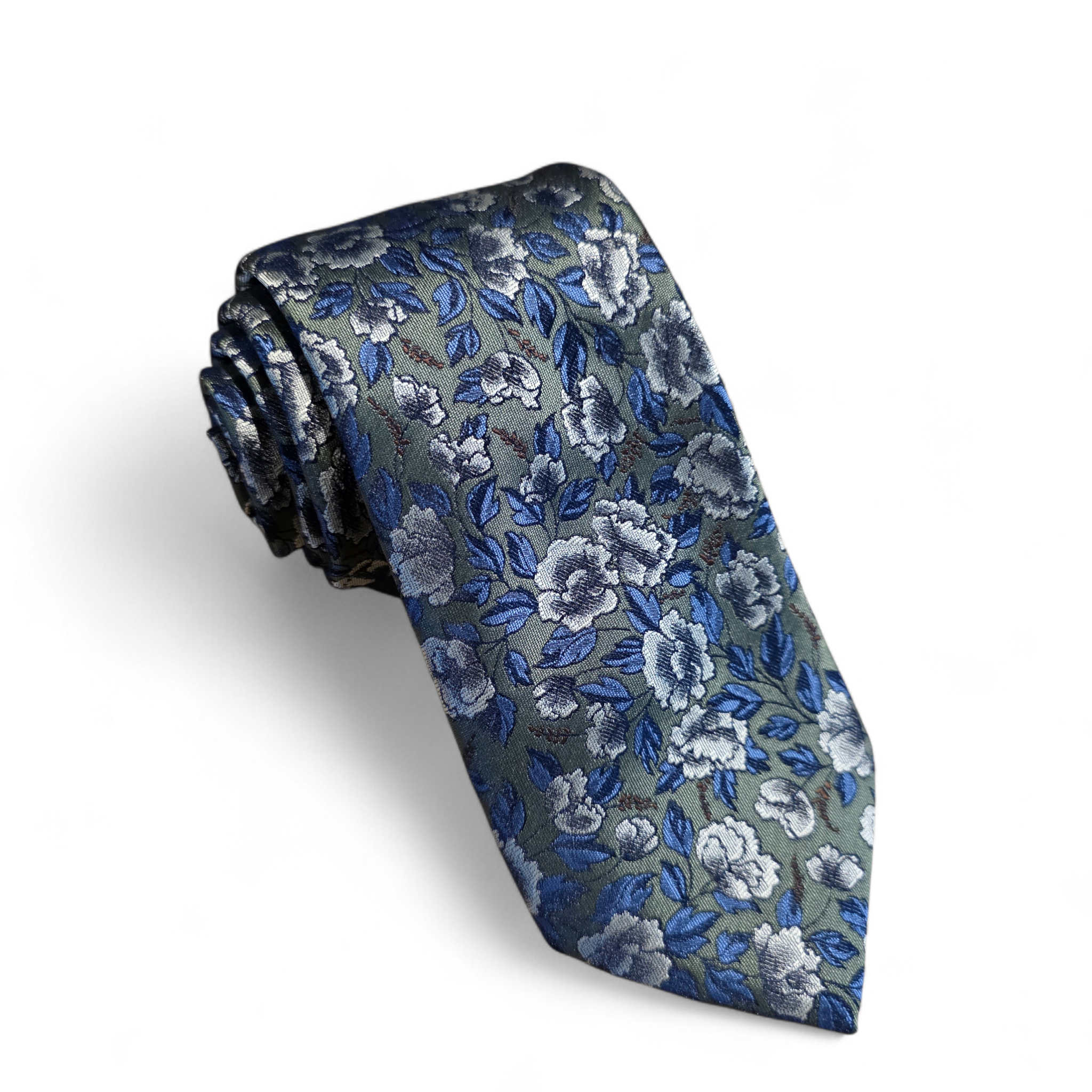 Gray Blue Floral Silk Tie Pocket Square Cufflink Set