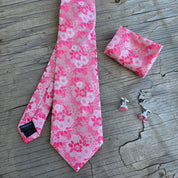 Bubblegum Pink Flower Silk Tie Pocket Square Cufflink Set
