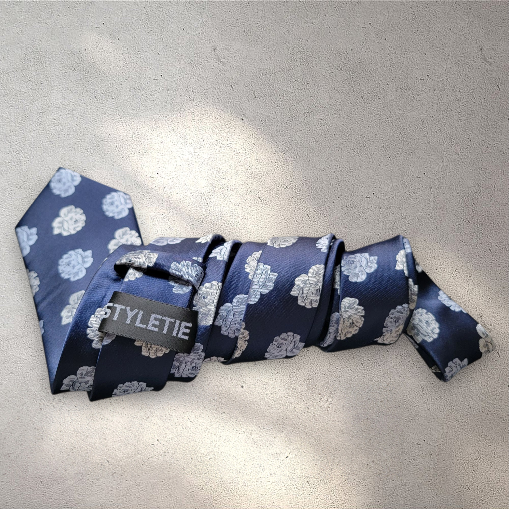 Blue White Floral Silk Tie Pocket Square Cufflink Set