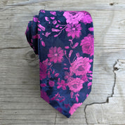 Navy Hot Pink Floral Silk Tie Pocket Square Cufflink Set